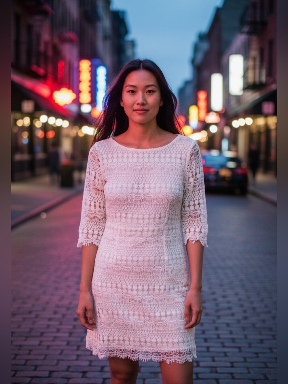 Lace Crochet Sheath Dress in Cream — Women’s 3/4 Sleeve.